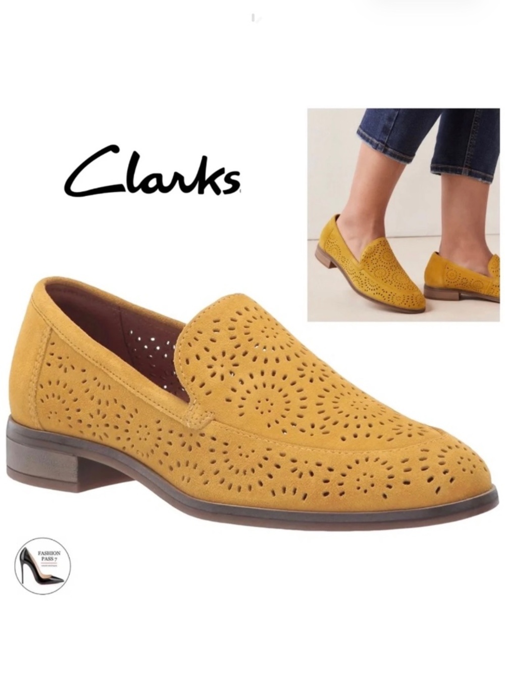 Clarks Women's Trish Calla Mustard Yellow Suede Loafers Low-Heel Slip-On Shoes 7